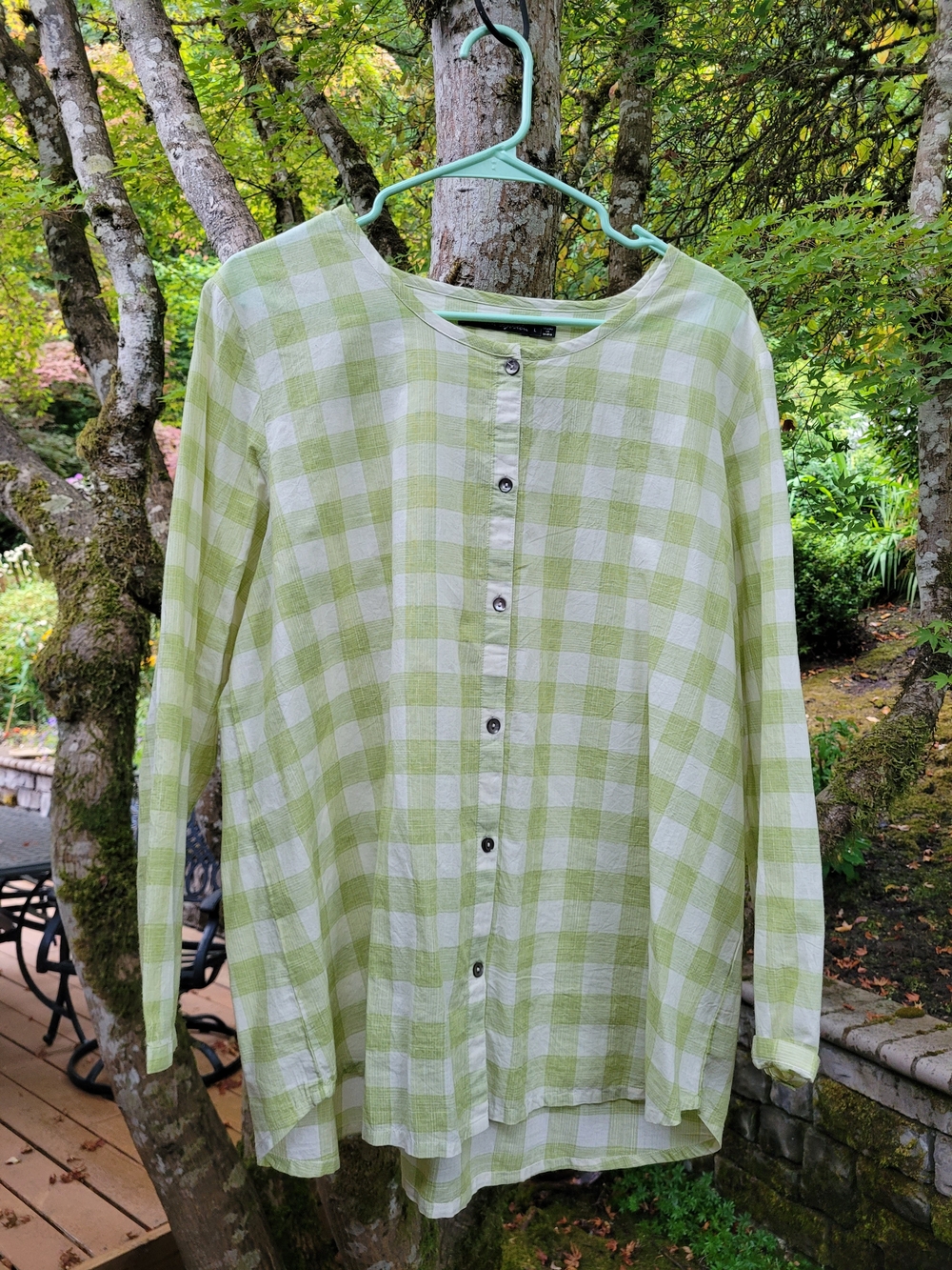 Gudrun Sjoden Gingham Green Check Button-Front Women's Top L